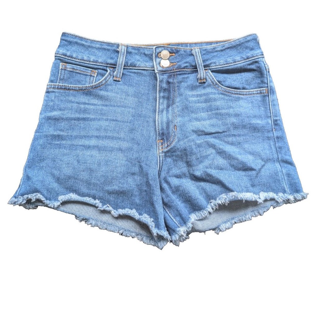 Just Black Women Shorts Blue Double Button Raw Fringe Hem Mid Rise Size 28